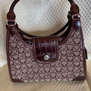 Brighton Tan Signature Brown Leather Canvas Double Handle Handbag Purse Bag